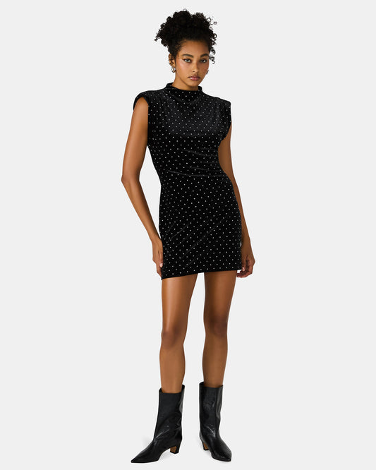 ASTORIA Black Rhinestone Embellished Velvet Shoulder Pads Bodycon Mini Women's Dress