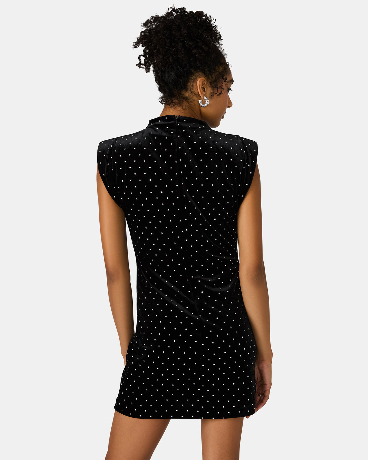 ASTORIA Black Rhinestone Embellished Velvet Shoulder Pads Bodycon Mini Women's Dress