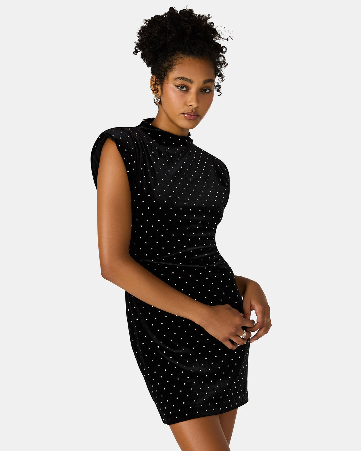 ASTORIA Black Rhinestone Embellished Velvet Shoulder Pads Bodycon Mini Women's Dress