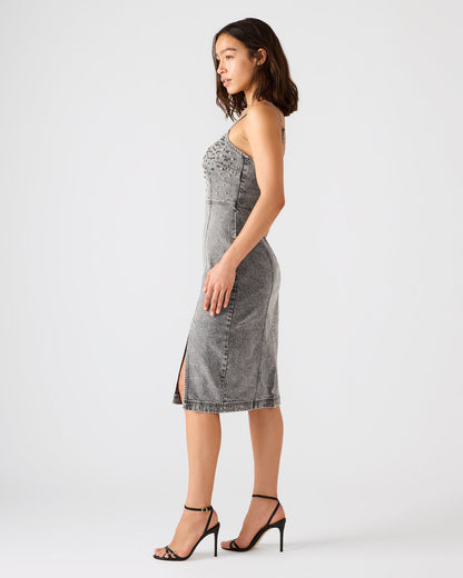 EMBELLISHED GISELLE Fog Denim Midi Women's Dress with Slit