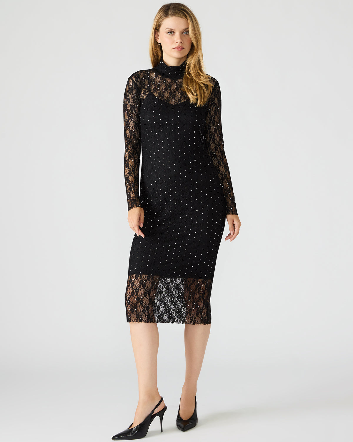 VIVIENNE Black Studded Lace Women's Mock Neck Midi Dress