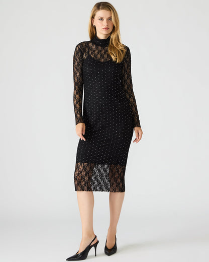VIVIENNE Black Studded Lace Women's Mock Neck Midi Dress