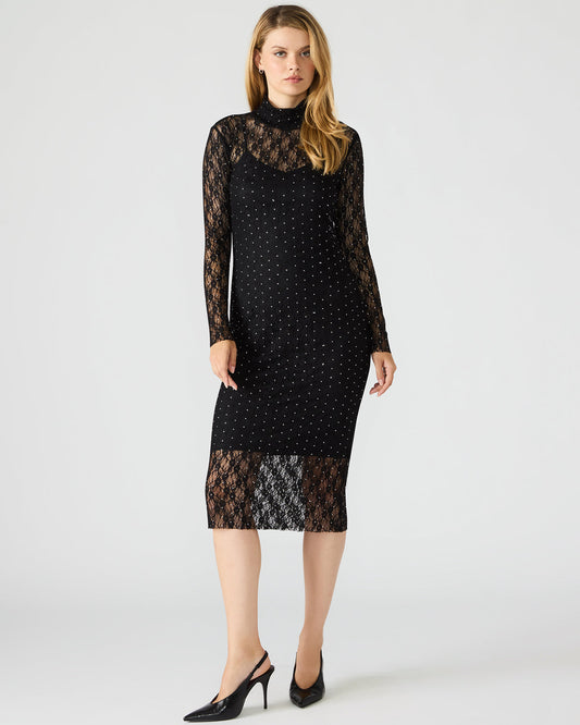 VIVIENNE Black Studded Lace Women's Mock Neck Midi Dress