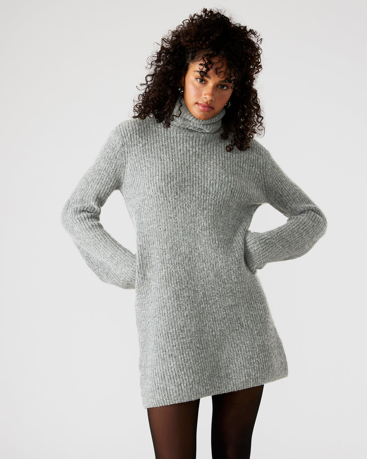ABBIE Sweater Dress Grey | Mini Turtleneck Flared Sleeve Dress