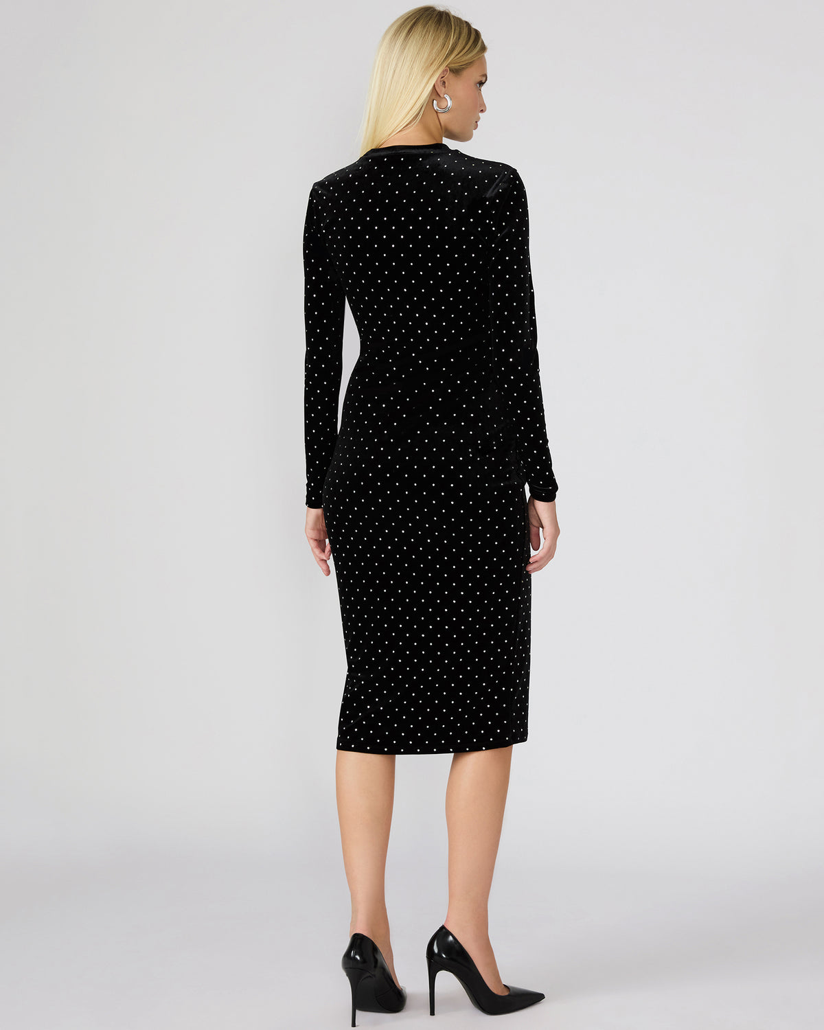 HAILEE Black Studded Velvet Long-Sleeved Pull-On Mock Neck Midi Women's Dress