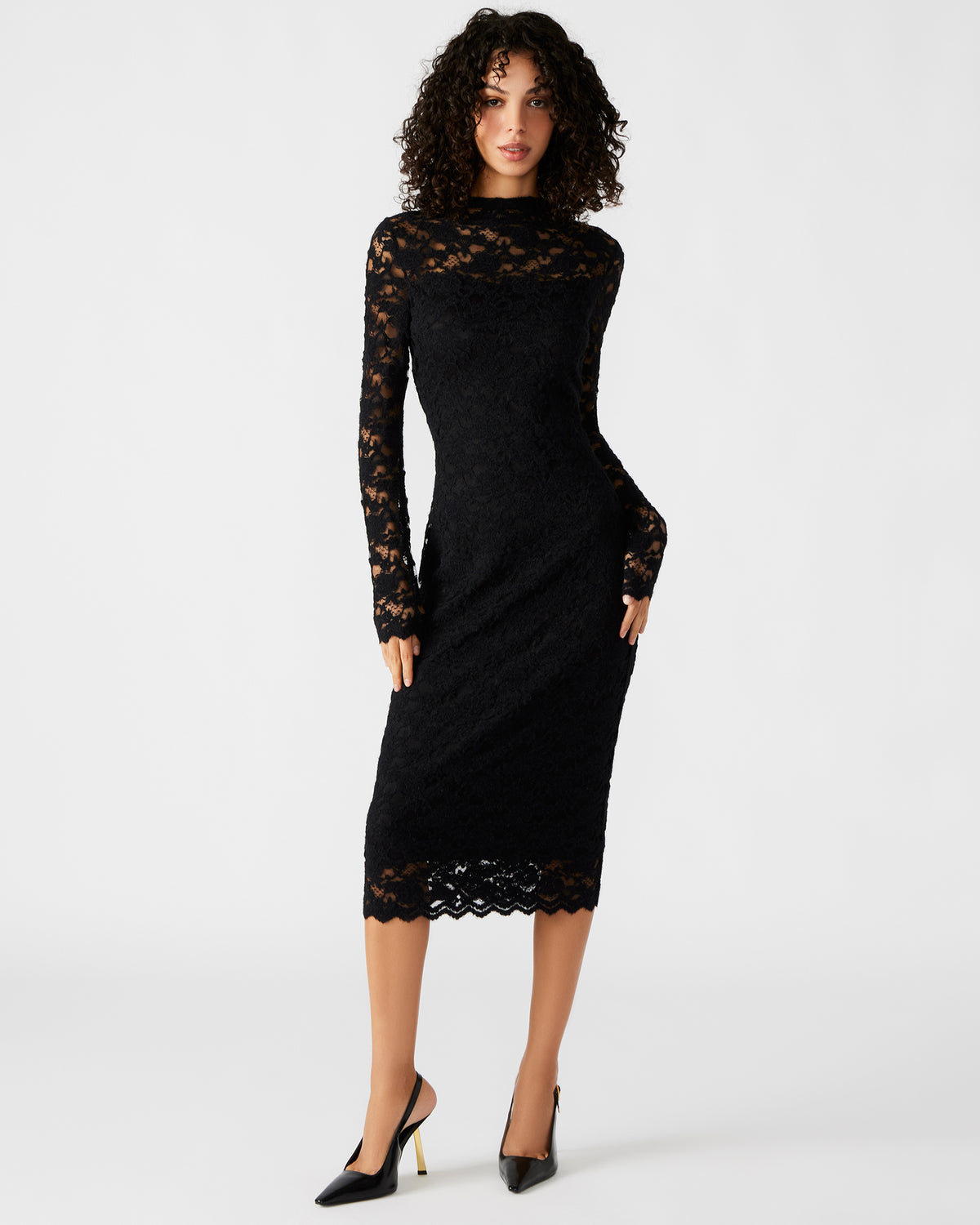 VIVIENNE Black Lace Women's Mock Neck Midi Dress