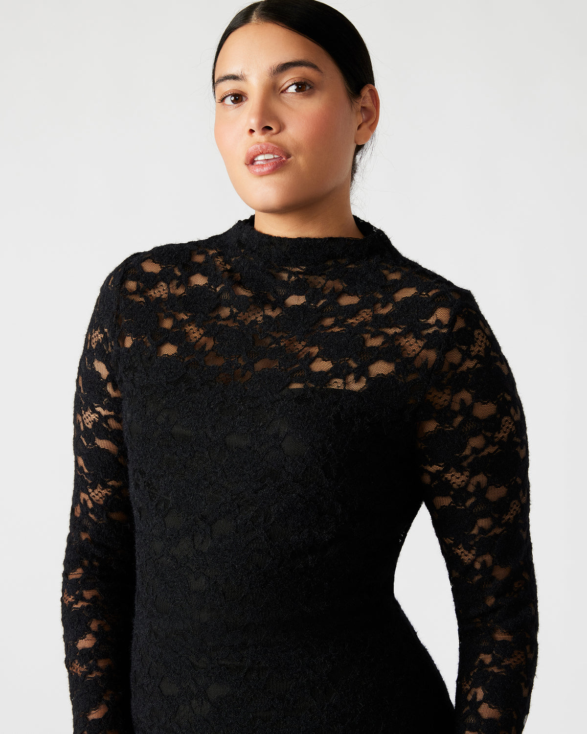 VIVIENNE Black Lace Women's Mock Neck Midi Dress