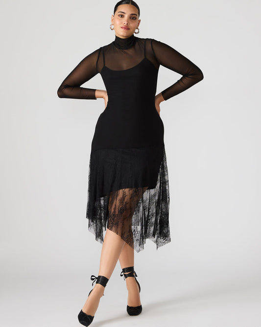 SILAS Black Long-Sleeved Mesh Lace Overylay Flowy Women's Dress
