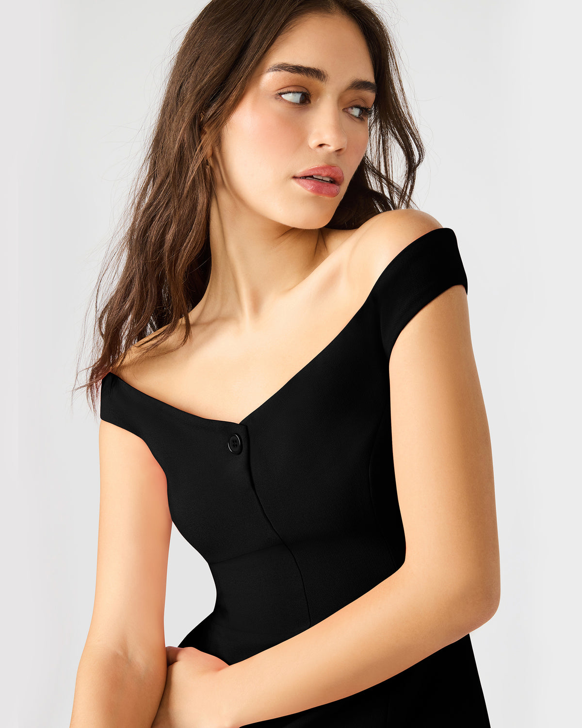 YANA Black Off-The-Shoulder Pleated Women's Dress