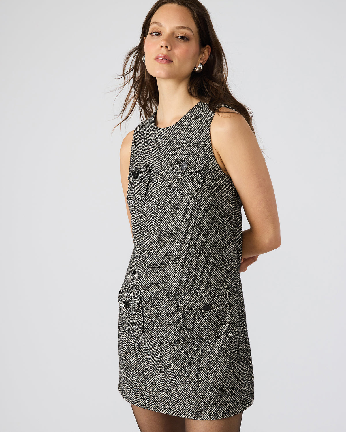 LOUIE Black/White Sleeveless Tweed Mini Women's Dress