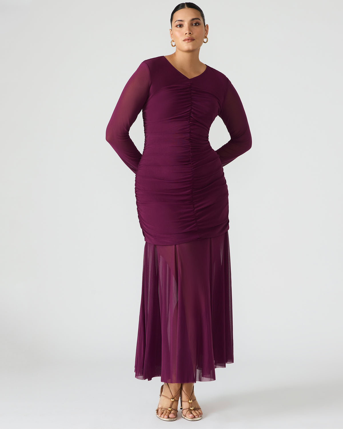 KIARA Beet Long-Sleeved Maxi Mesh Flowy Women's Dress