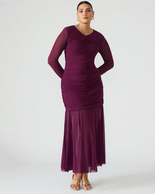 KIARA Beet Long-Sleeved Maxi Mesh Flowy Women's Dress