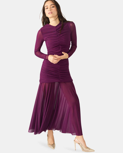 KIARA Beet Long-Sleeved Maxi Mesh Flowy Women's Dress