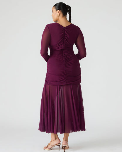KIARA Beet Long-Sleeved Maxi Mesh Flowy Women's Dress