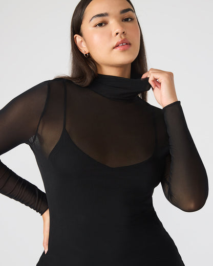 HAILEE Black Long-Sleeved Mesh Pull-On Mock Neck Midi Women's Dress