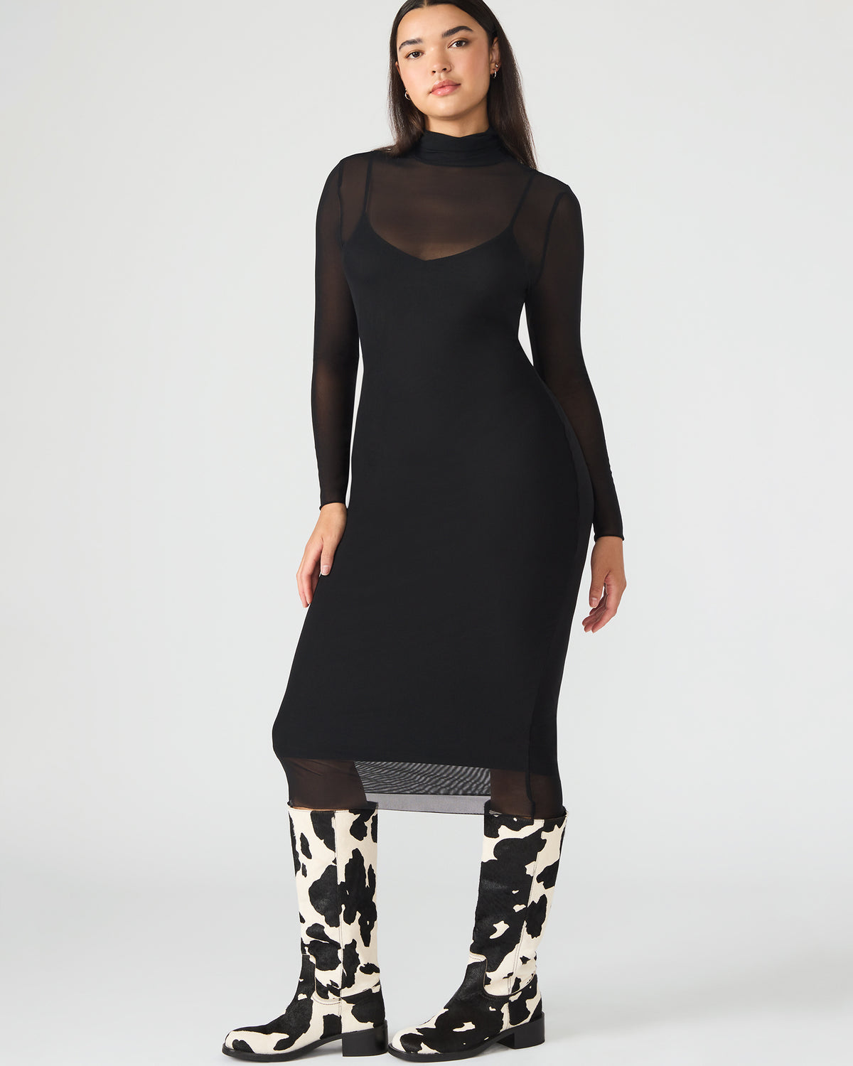 HAILEE Black Long-Sleeved Mesh Pull-On Mock Neck Midi Women's Dress