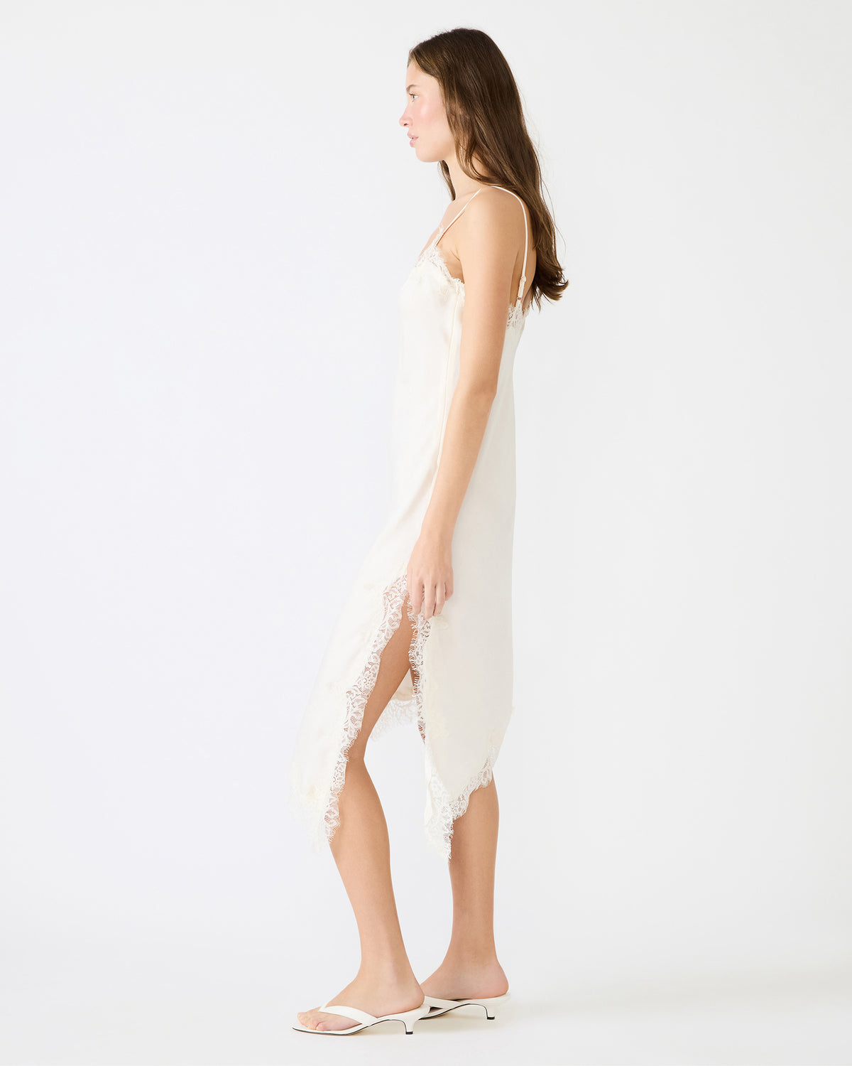 DANNA Cream Asymmetrical Lace Trim Women's Midi Dress