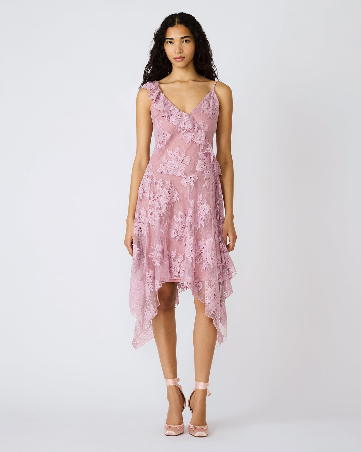 DARIELLA Mauve Shadows Sleeveless Asymmetrical Ruffle Lace Mesh Women's Midi Dress