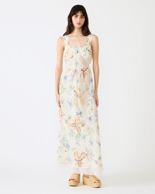 ALEXUS Vintage Ivory Flowy Lace Trim Flowy Women's Maxi Dress