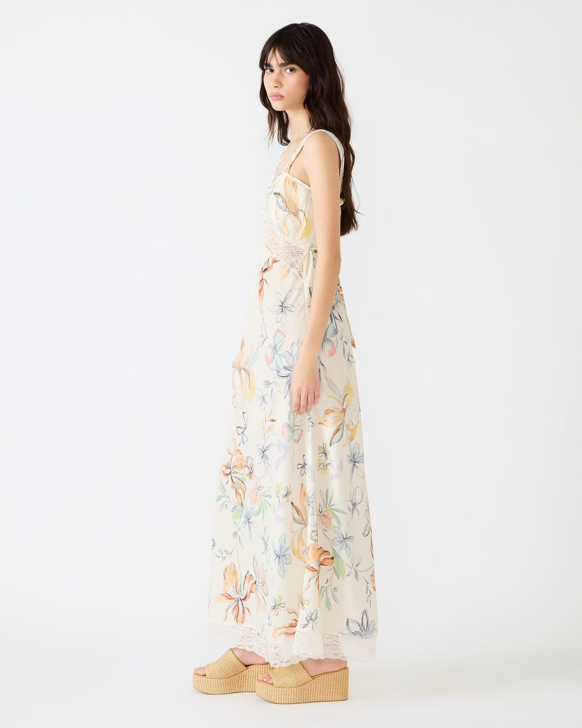 ALEXUS Vintage Ivory Flowy Lace Trim Flowy Women's Maxi Dress