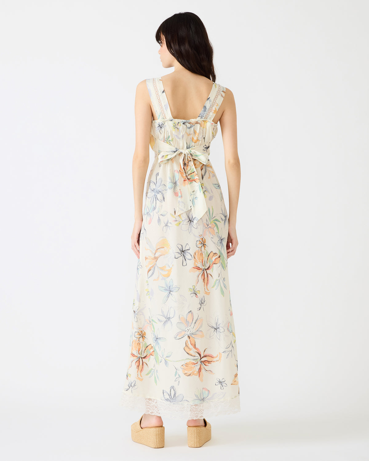 ALEXUS Vintage Ivory Flowy Lace Trim Flowy Women's Maxi Dress