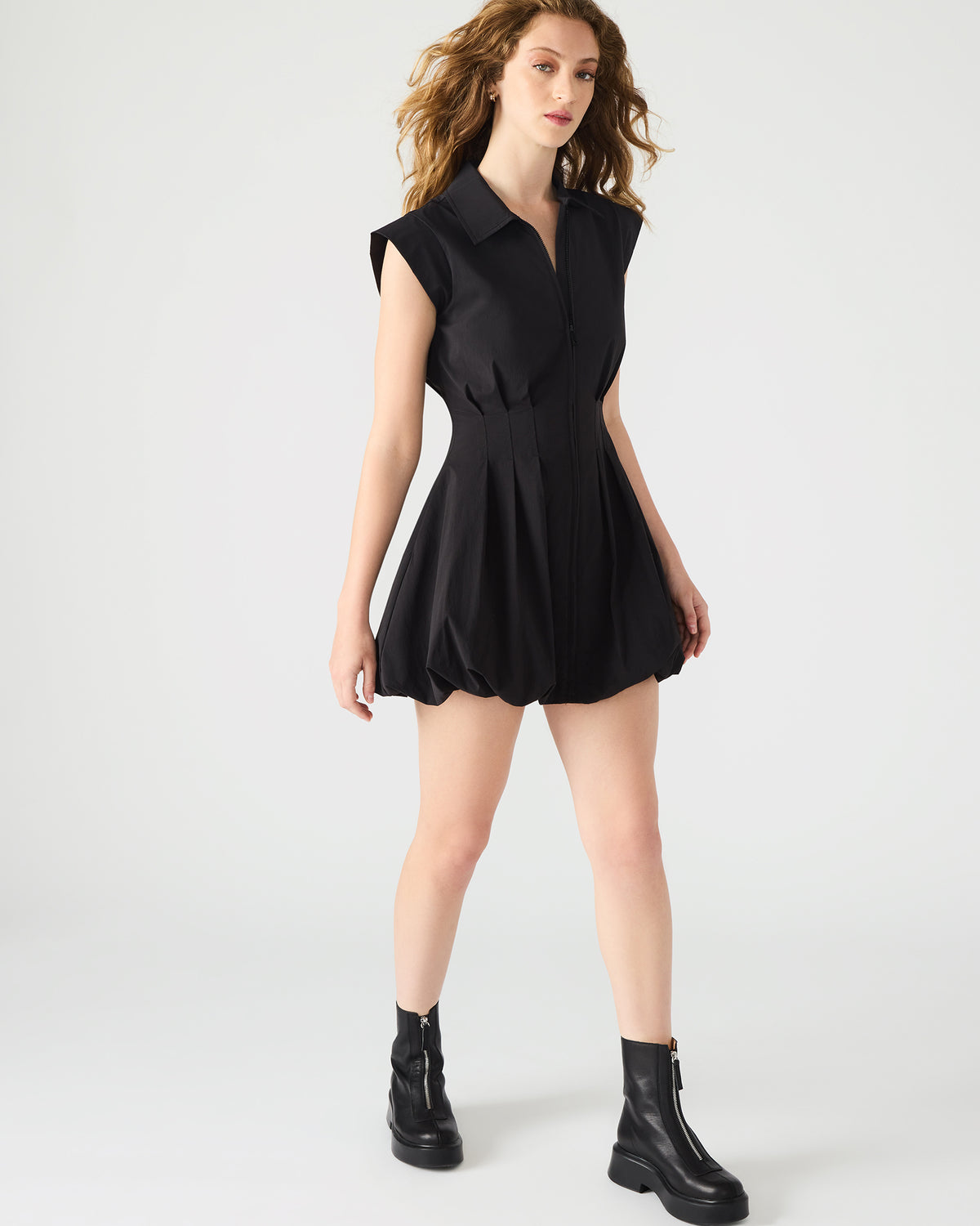 DYANNE Black Women's Zip-Front Bubble-Hem Dress