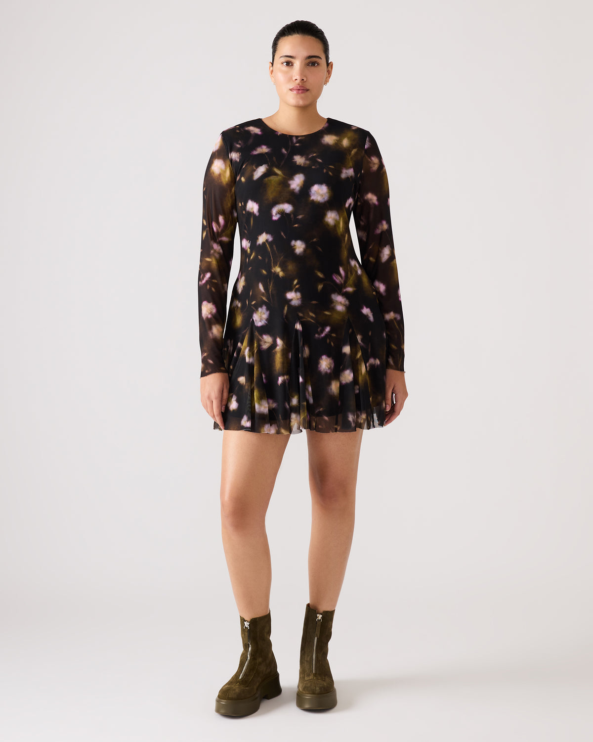 BLISS Black Ditsy Floral Long-Sleeved Floral Print Mesh Sheer Mini Women's Dress