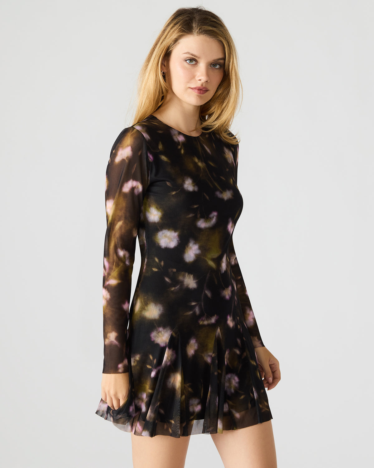 BLISS Black Ditsy Floral Long-Sleeved Floral Print Mesh Sheer Mini Women's Dress