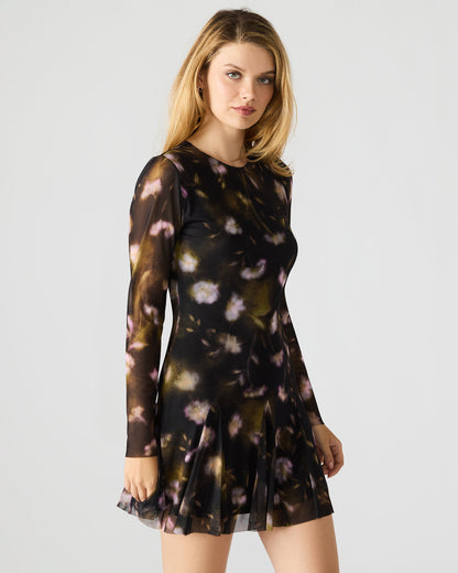 BLISS Black Ditsy Floral Long-Sleeved Floral Print Mesh Sheer Mini Women's Dress