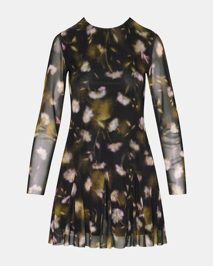 BLISS Black Ditsy Floral Long-Sleeved Floral Print Mesh Sheer Mini Women's Dress