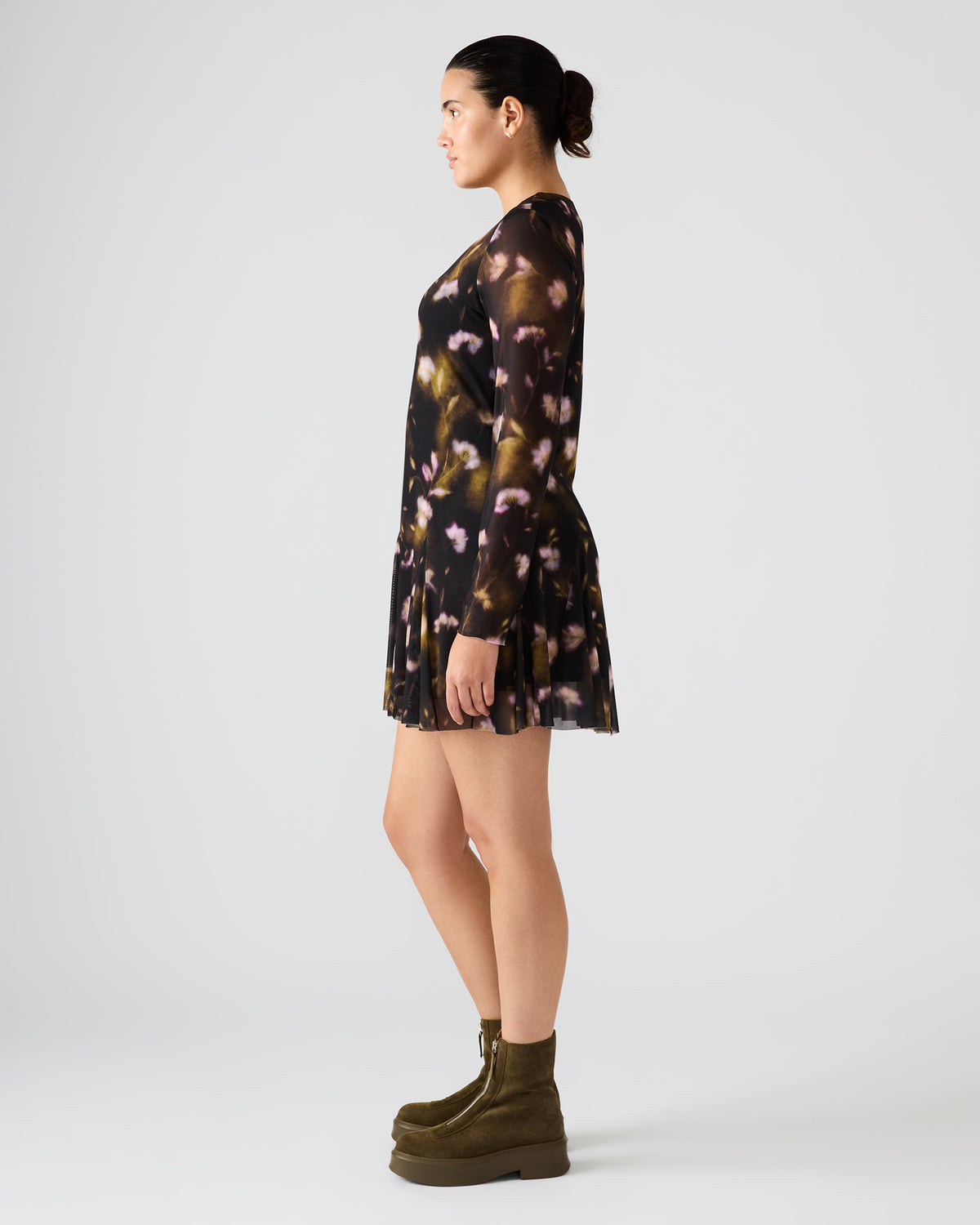 BLISS Black Ditsy Floral Long-Sleeved Floral Print Mesh Sheer Mini Women's Dress