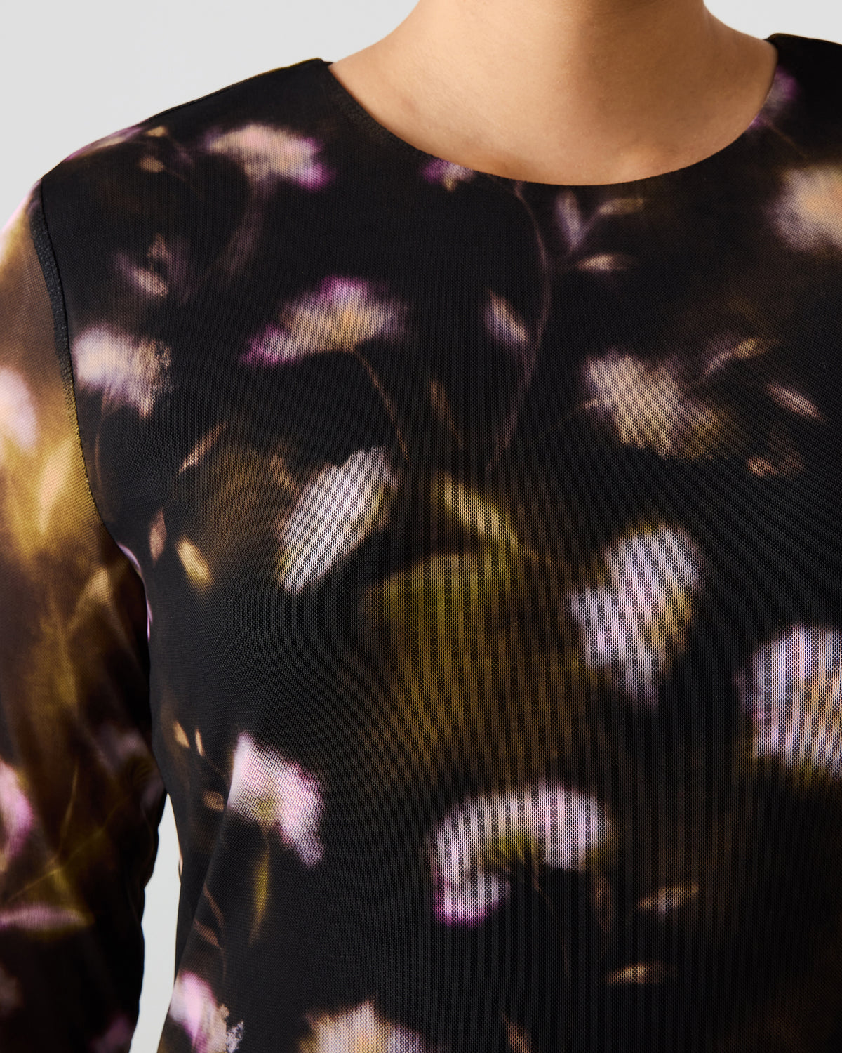 BLISS Black Ditsy Floral Long-Sleeved Floral Print Mesh Sheer Mini Women's Dress