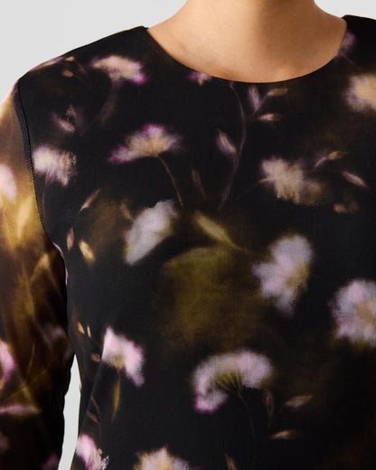 BLISS Black Ditsy Floral Long-Sleeved Floral Print Mesh Sheer Mini Women's Dress