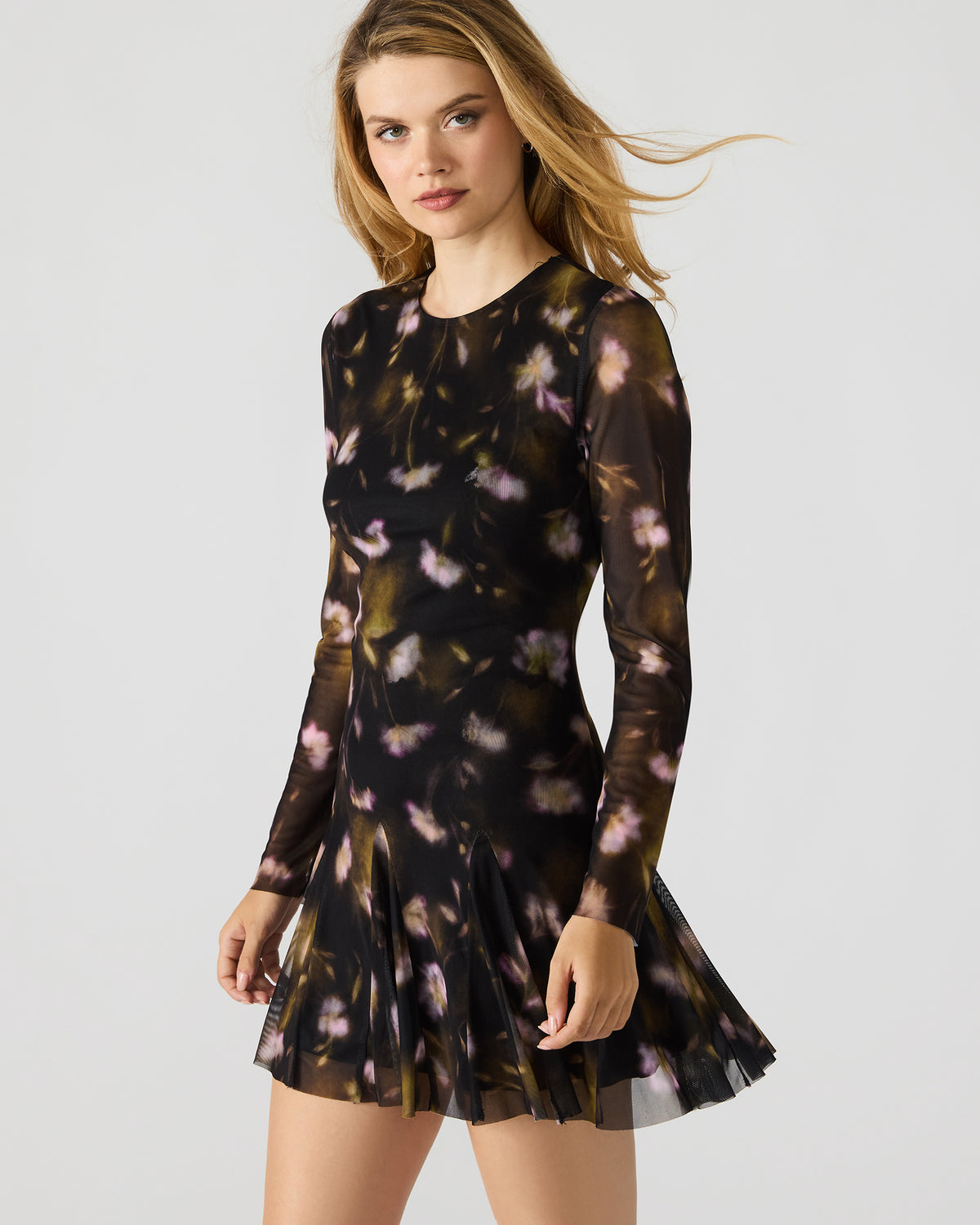 BLISS Black Ditsy Floral Long-Sleeved Floral Print Mesh Sheer Mini Women's Dress