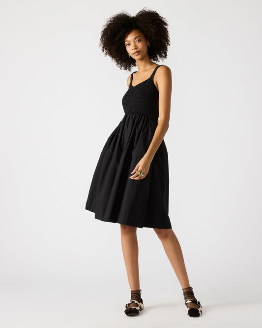 FLEUR Black Flowy Smocked Midi Women's Dress