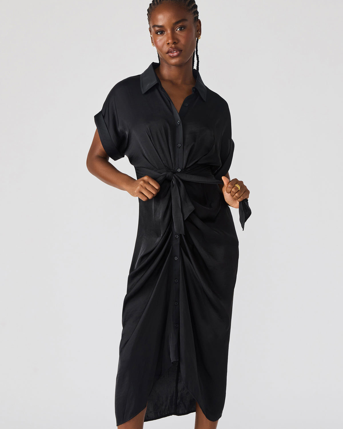 TORI Black Button Up Collared Midi Dress