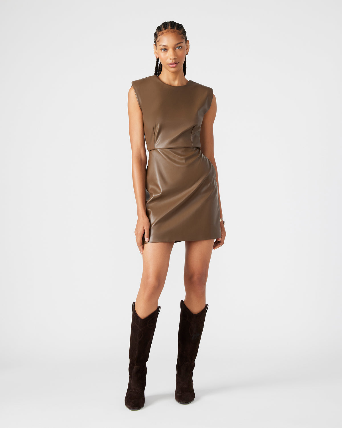 BELEN Brown Women's Shoulder Pad Mini Dress