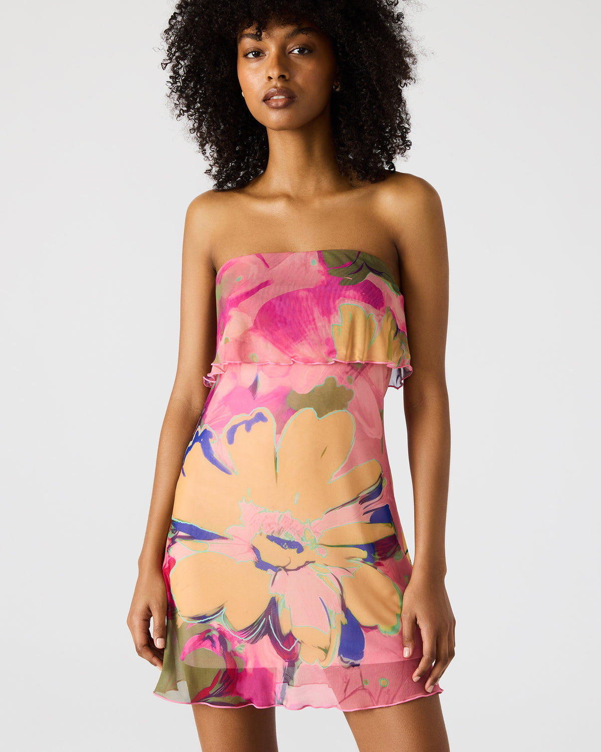 BRYAR Multi Strapless Flowy Mesh Overlay Floral Print Mini Women's Dress