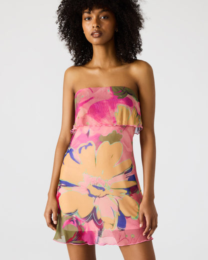 BRYAR Multi Strapless Flowy Mesh Overlay Floral Print Mini Women's Dress