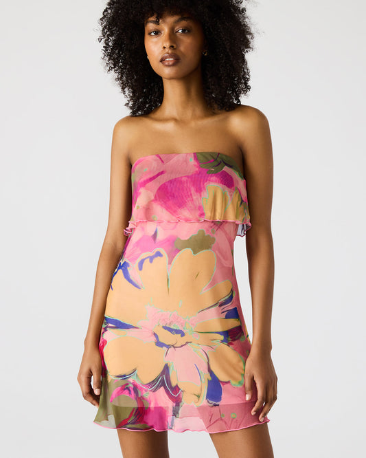 BRYAR Multi Strapless Flowy Mesh Overlay Floral Print Mini Women's Dress