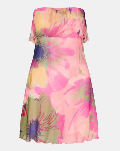 BRYAR Multi Strapless Flowy Mesh Overlay Floral Print Mini Women's Dress