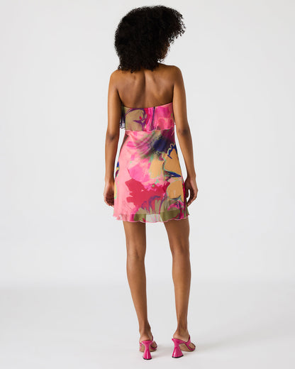 BRYAR Multi Strapless Flowy Mesh Overlay Floral Print Mini Women's Dress