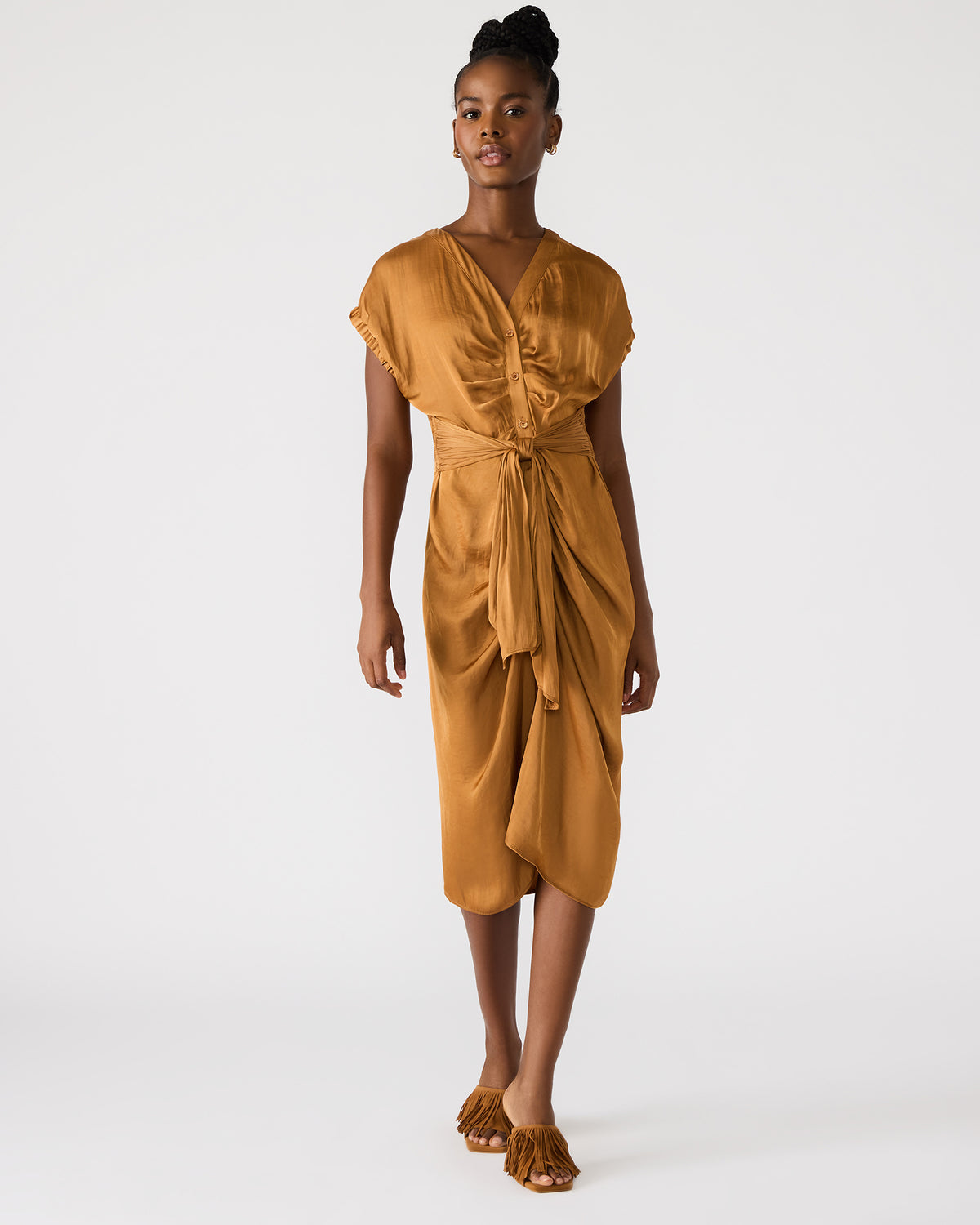 BRUNO Caramel Women's Button-Up Short-Sleeved Midi Dress