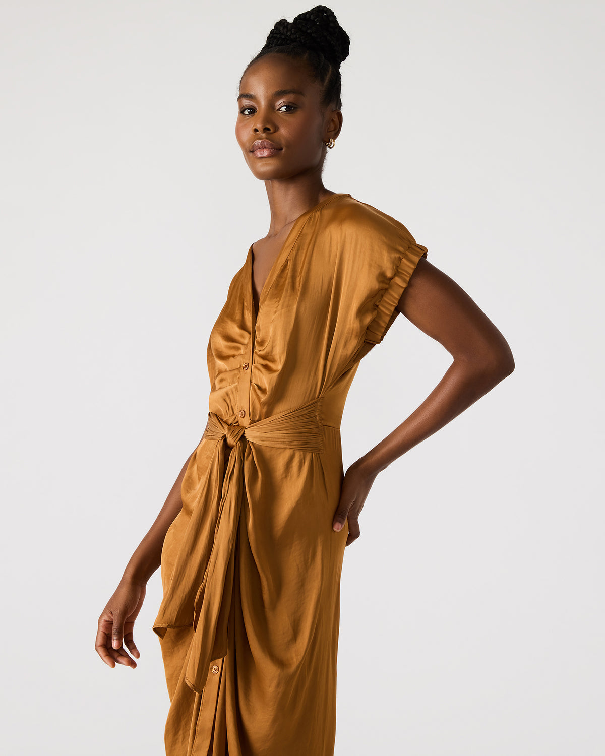 BRUNO Caramel Women's Button-Up Short-Sleeved Midi Dress