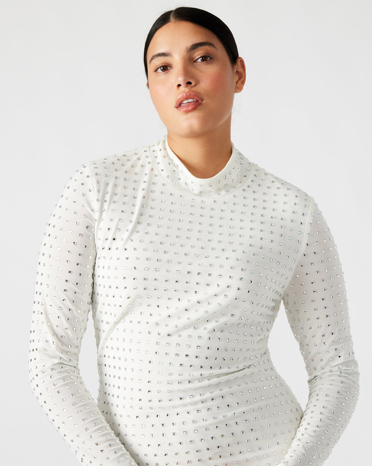 KRISTA Dress White | Women's Long-Sleeved Bodycon Rhinestone Mini Dress