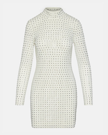 KRISTA Dress White | Women's Long-Sleeved Bodycon Rhinestone Mini Dress