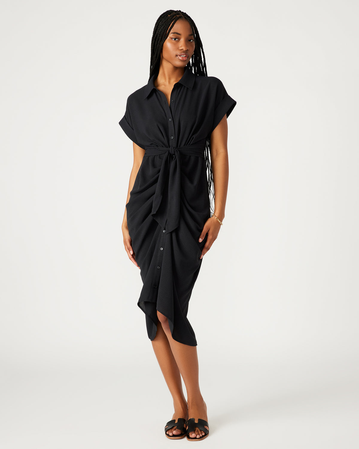 TORI Black Knit Button Up Collared Midi Dress