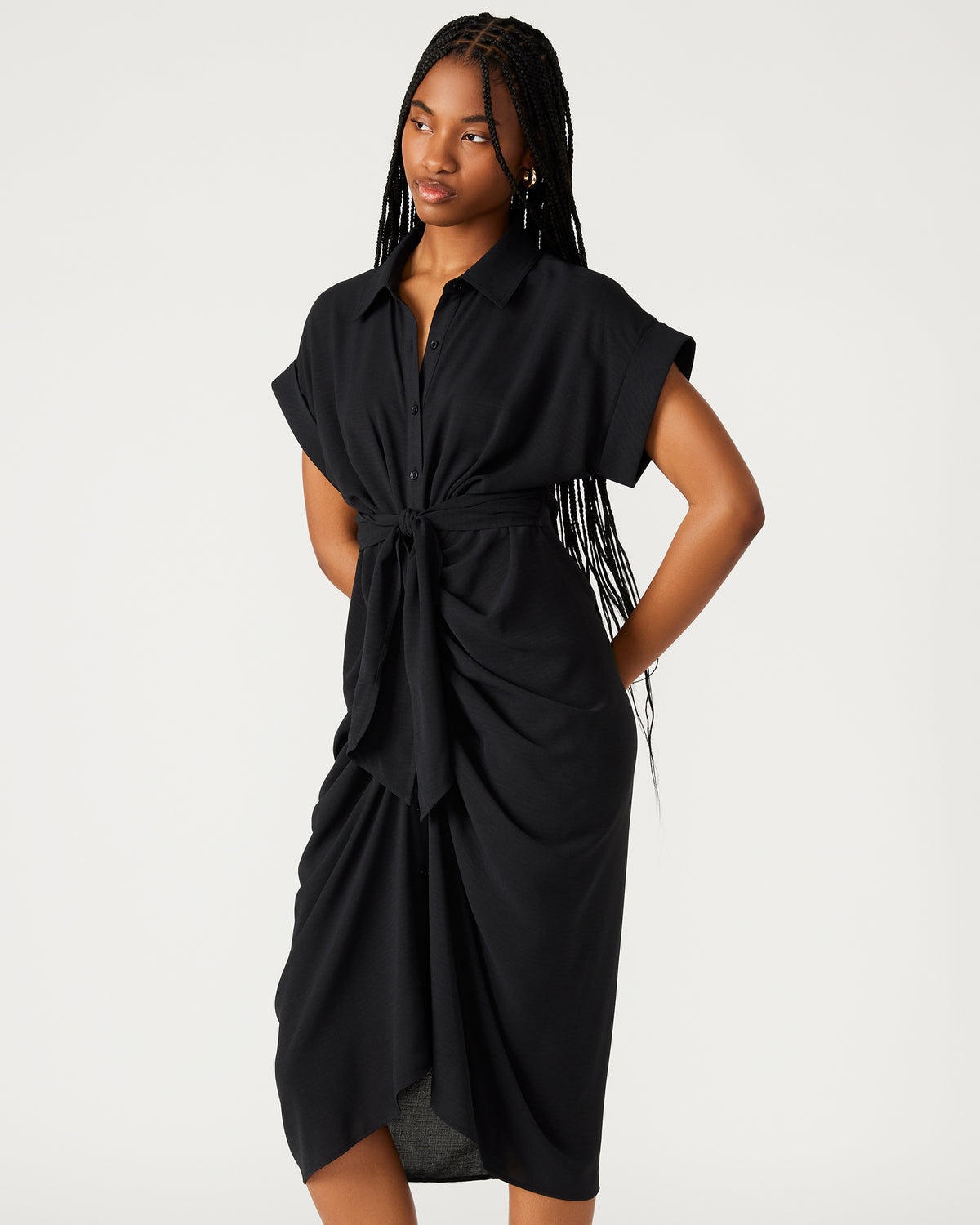 TORI Black Knit Button Up Collared Midi Dress