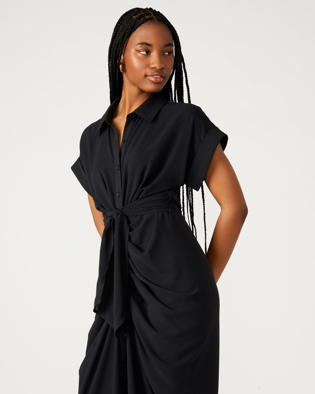 TORI Black Knit Button Up Collared Midi Dress