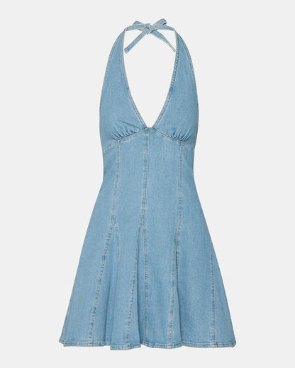 MALIA Denim Women's Halter Back Neck Tie Mini Dress